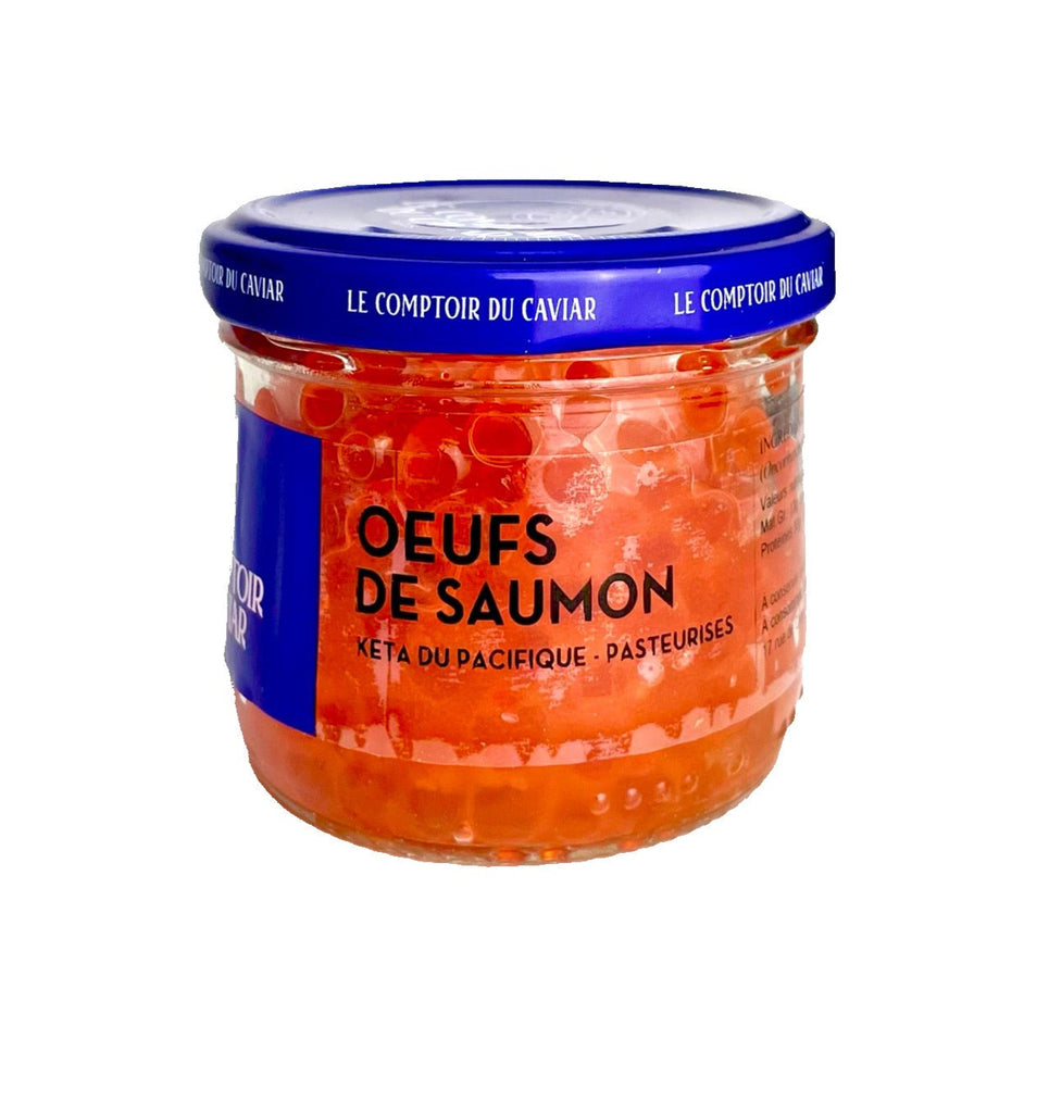 Jar of salmon eggs with blue label on a white background