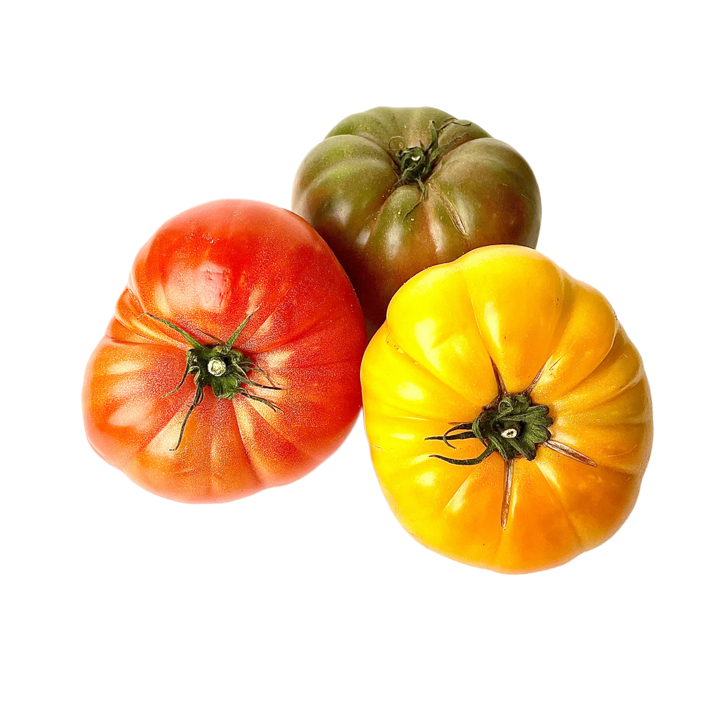 Three colorful tomatoes (red, green, yellow) on a white background