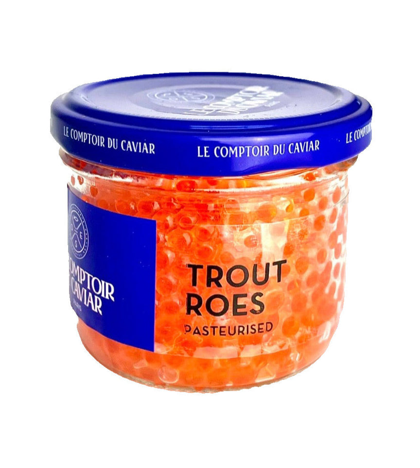Jar of trout roes with blue lid and label on a white background